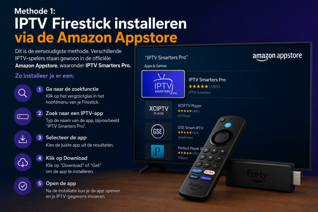IPTV Firestick installeren via de Amazon Appstore met een stapsgewijze uitleg voor het zoeken, downloaden en openen van een IPTV-app.