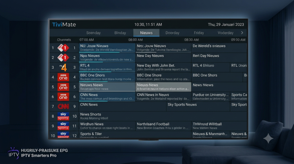 Screenshot: de veelgeprezen EPG-weergave van TiviMate.