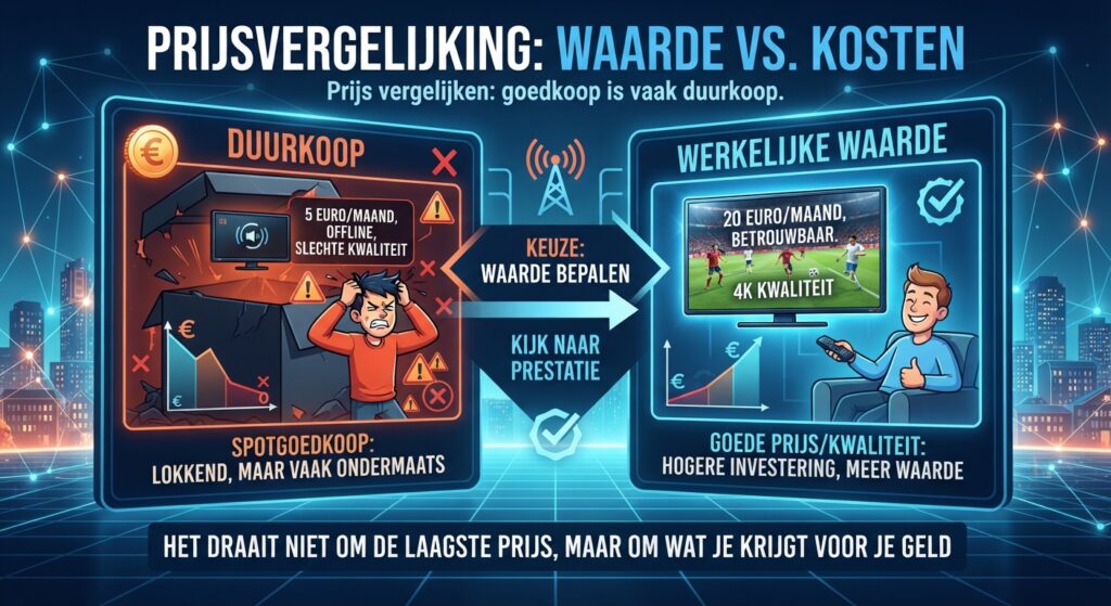 Infographic over de vergelijking van IPTV-prijzen, waarbij spotgoedkope abonnementen met slechte kwaliteit en offline-problemen worden vergeleken met abonnementen die een goede prijs-kwaliteitverhouding bieden.