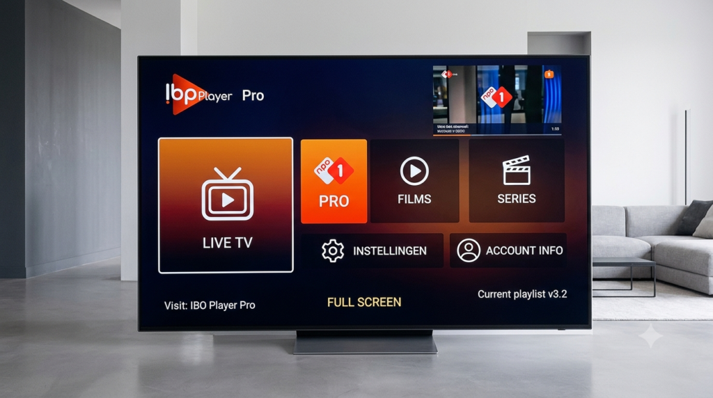Screenshot: IBO Player Pro op een Smart TV.