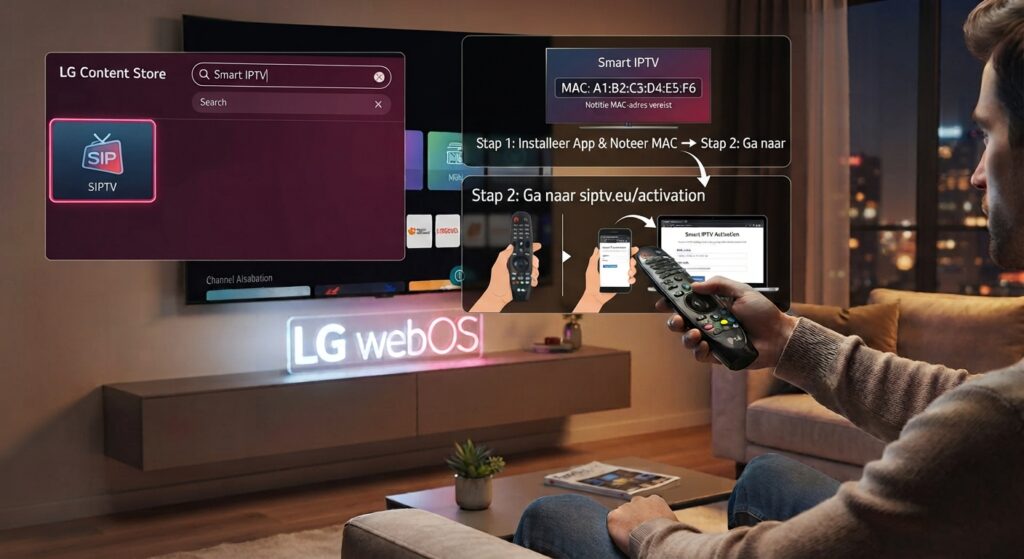 A man on a sofa in a living room points an LG Magic Remote at a large wall-mounted LG webOS TV. The screen displays a visual step-by-step guide to installing 'Smart IPTV'. On the left, the LG Content Store is open showing the search for 'Smart IPTV'. In the center, an overlay details the steps: 'Stap 1: Installeer App & Noteer MAC' and 'Stap 2: Ga naar siptv.eu/activation'. Below this, an illustration shows a hand with the remote pointing to a smartphone and laptop, representing the external activation process. A glowing sign below the TV reads 'LG webOS'. This image demonstrates the exact fk iptv lg setup.