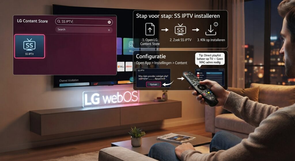 A man on a sofa in a living room points an LG Magic Remote at a large wall-mounted LG OLED TV. The screen displays a visual step-by-step guide to installing 'SS IPTV'. On the left, the LG Content Store is open, showing the search for 'SS IPTV'. In the center, a graphic overlay details the steps: 'Open LG Content Store', 'Zoek SS IPTV', and 'Klik op Installeren'. Below this, a configuration window shows the M3U URL input field and an 'Opslaan' (Save) button. A tip bubble says, 'Direct playlist beheer op TV — Geen MAC-adres nodig'. Below the TV, a glowing neon sign reads 'LG webOS'. This image demonstrates the exact fk iptv lg setup.