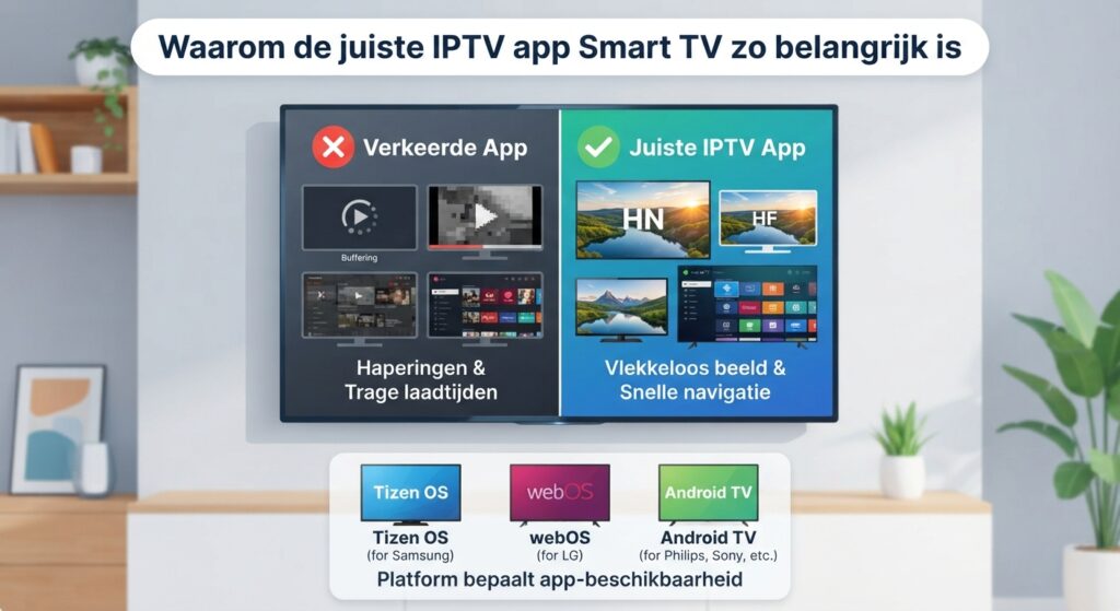 Waarom de juiste IPTV app Smart TV zo belangrijk is voor het vergelijken van de prestaties, laadtijden en compatibiliteit op Tizen OS, webOS en Android TV.