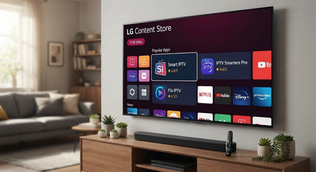 LG Smart TV in een woonkamer met de LG Content Store geopend, waarop populaire IPTV-apps zoals Smart IPTV, IPTV Smarters Pro en Flix IPTV zichtbaar zijn.