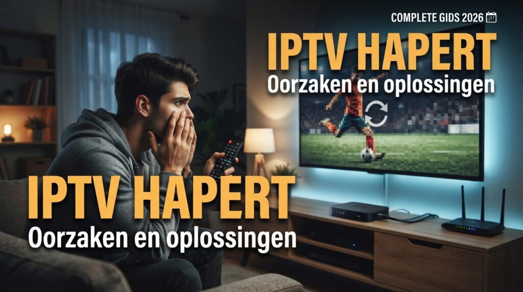 Man kijkt gefrustreerd naar haperende IPTV op tv, met als tekst 'IPTV hapert: Oorzaken en oplossingen'.