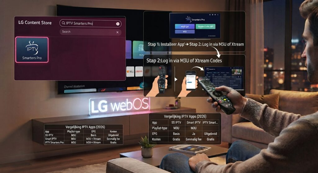 A man on a sofa in a living room points an LG Magic Remote at a large wall-mounted LG webOS TV. The screen displays a visual step-by-step guide to installing 'IPTV Smarters Pro'. On the left, the LG Content Store is open showing the search for 'IPTV Smarters Pro'. In the center, an overlay details the steps: 'Stap 1: Installeer App' and 'Stap 2: Log in via M3U of Xtream Codes'. Below this, an illustration shows a hand with the remote pointing to a smartphone and laptop, representing the external activation process. A glowing sign below the TV reads 'LG webOS'. Two identical comparison tables are visible, one on the left and one on the bottom center, detailing app features: 'SS IPTV' (M3U, Basis, Gratis), 'Smart IPTV' (M3U, Ja, Eenmalig fee), and 'IPTV Smarters Pro' (M3U+Xtream, Uitgebreid, Gratis).