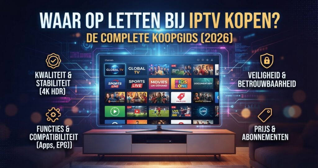 Cover image for the blog post "Waar op letten bij IPTV kopen? De complete koopgids (2026)" featuring a modern flat-screen television displaying a streaming interface, surrounded by digital icons highlighting quality, security, and subscription features.